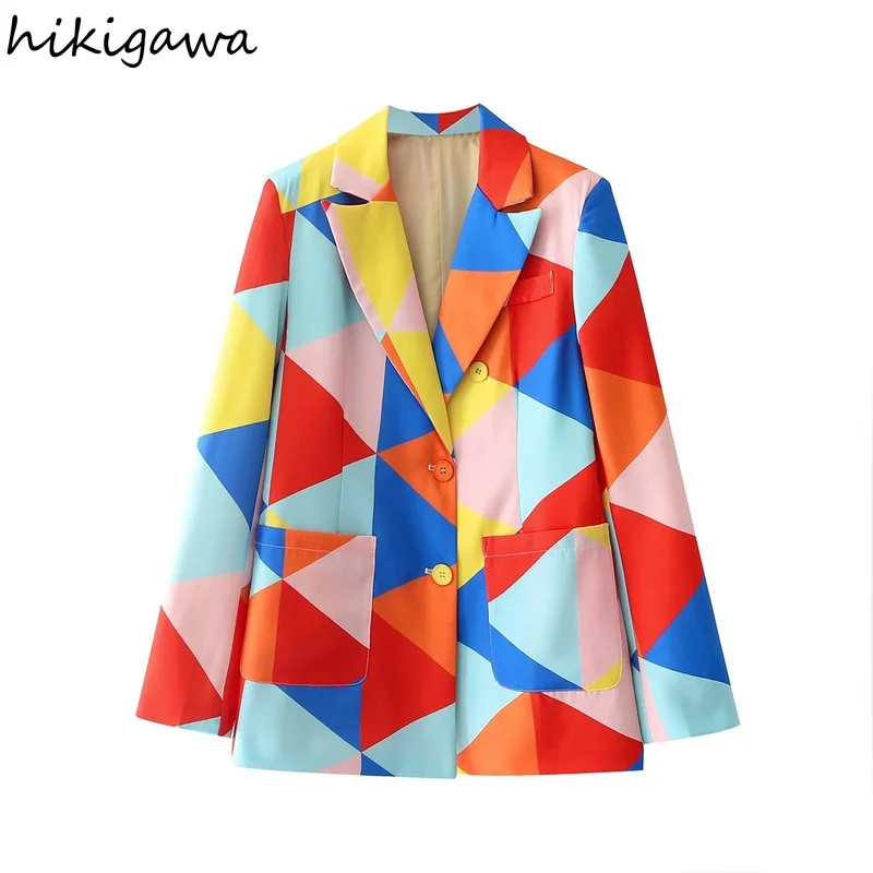

Hikigawa Women Fashion Diagonal Button Color Casual Suit Jacket Vintage Notched Double Breasted Pockets Blazers Female Chic Tops