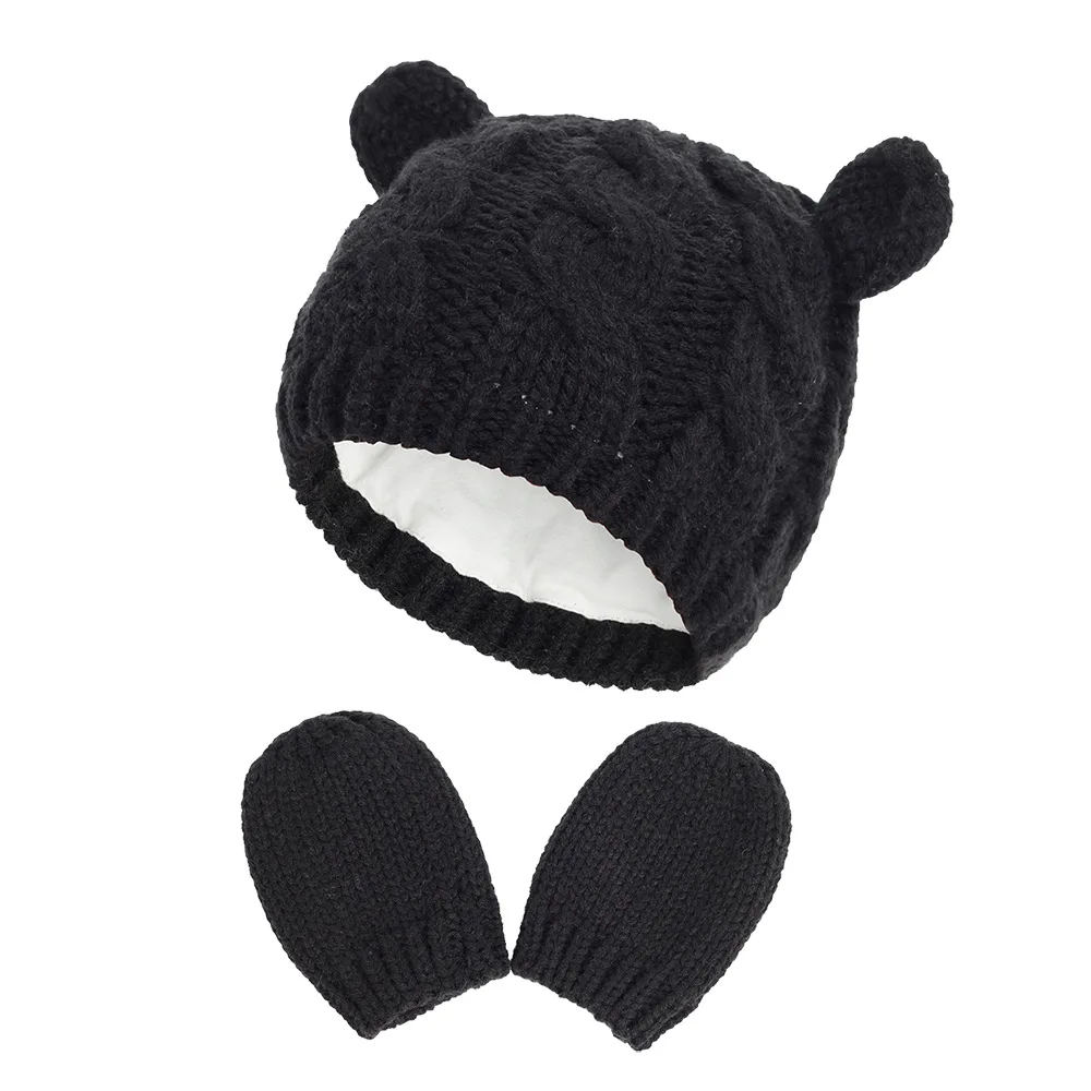 New Infant Baby Kids Girls Boys Winter Warm Knit Hat Ear Solid Warm Cute Glove 2pcs Lovely Beanie Kids Newborn Cap 0-18M