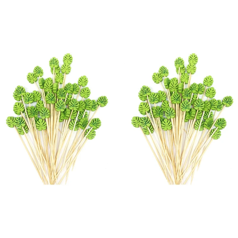 

400Pc Bamboo Pick Buffet Tropical Leaves Cupcake Fruit Fork Dessert Salad Stick Cocktail Skewer For Party Decor