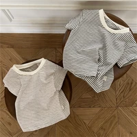 toddler baby girl t shirt summer solid patchwork striped top for infant boy cotton short sleeve thin kids clothes girls costumes