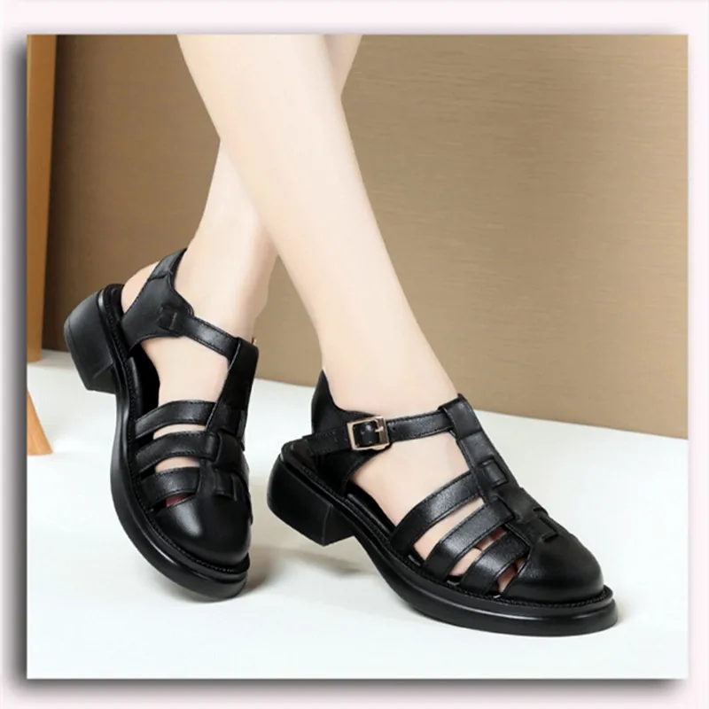 Sandals women's first layer cowhide vintage summer2023new platform pitcher shoes casual Roman non slip women's sandals luxurious