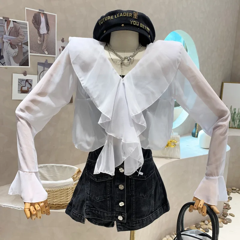 

Niche Design New Women's Clothing 2022 Early Autumn Sweet Cool Ruffle Chiffon Shirt Long Sleeve Design Top Blusa Feminina