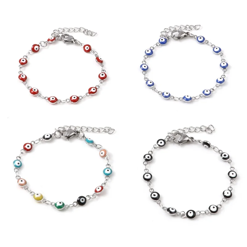 

Stainless Steel Religious Bracelets Silver Color Link Chain Multicolor Round Evil Eye Enamel Jewelry 13.5cm(5 3/8") long, 1Piece