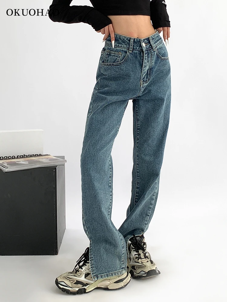 

Vintage High Waist Baggy Jeans Women Wide Leg Straight Side Slit Pants Casual Fashion Comfy Female Denim Trousers Y2k Streetwear