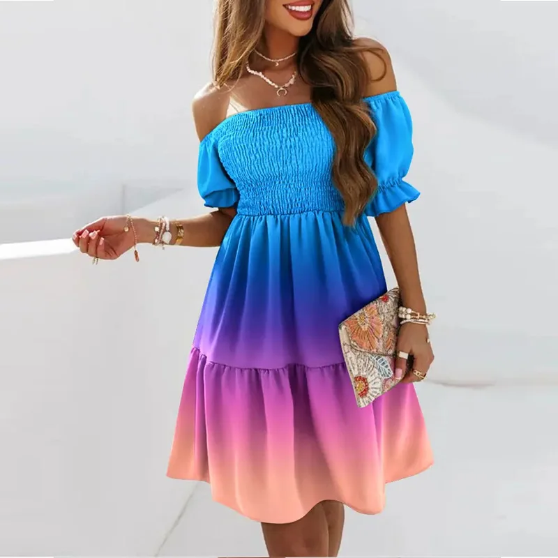 

New Short-Sleeve Slash Neck Waist Pleated Print Dress 2022 Sexy Off The Shoulder Ruffle Stitching A-Line Pullover Dress Vestidos