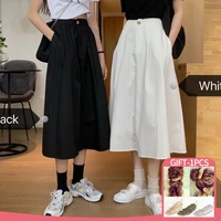 korean fashion womens summer skirts white a line high waist long skirt cotton with pocket casual harajuku wild lady clothing