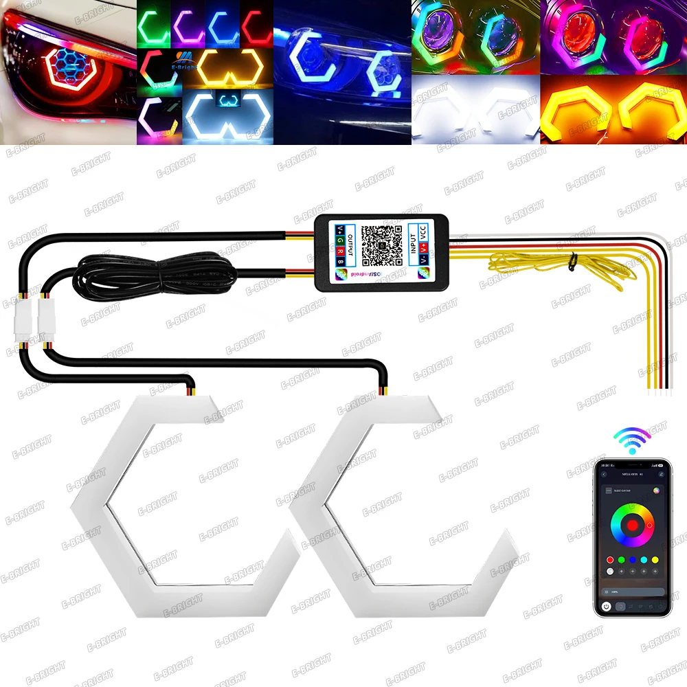 

24 В 12 В RGB Лампа Лотоса APP Управление Шестигранные Ангельские Глазки Кольца Автомобильные Мотоциклетные Фры Переключатель Белый DRL Янтарный Поворотный Свет