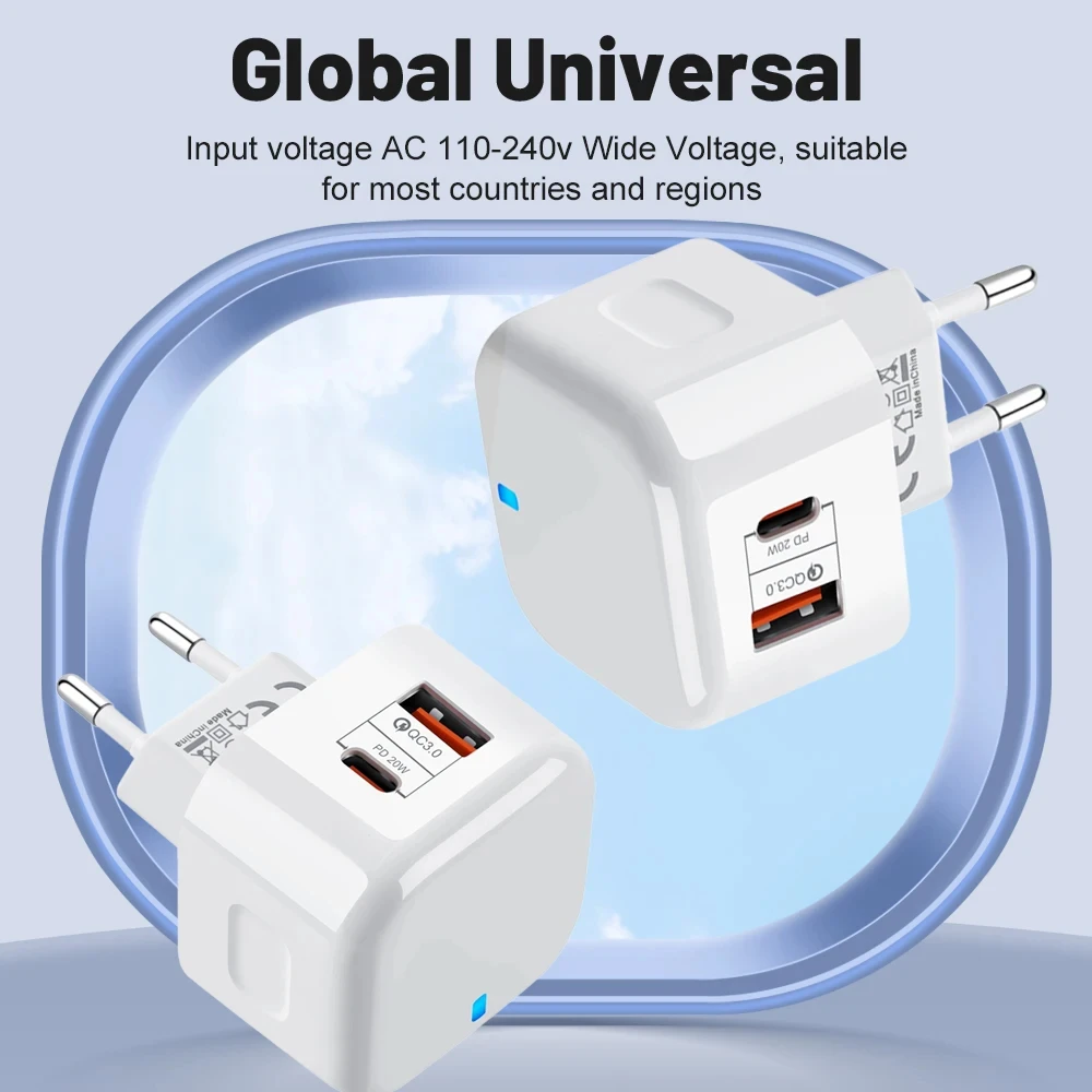 Фото Новый сетевой адаптер EU US UK 20W с двумя портами USB-C PD для быстрой зарядки iPhone 11 12 13 14 15 и Samsung №5