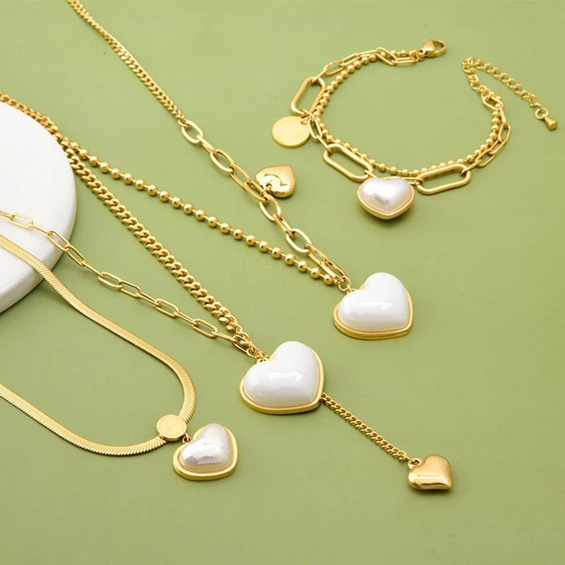 CARLIDANA 5pcs Set/Vintage White Heart Pendant Necklace/Earrings/Bracelet Luxury Stainless Steel Non Tarnish Jewelry for Women