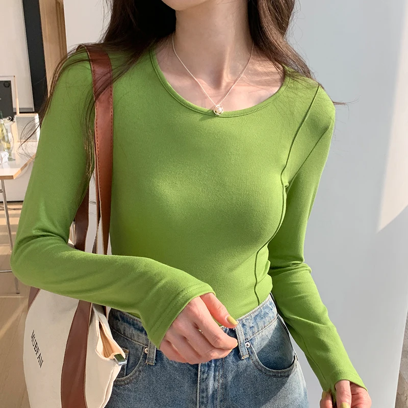 

Зеленая модная женская юбка, модель 2023 года, Весенняя облегающая короткая футболка с круглым вырезом, однотонная Повседневная Женская Базо...