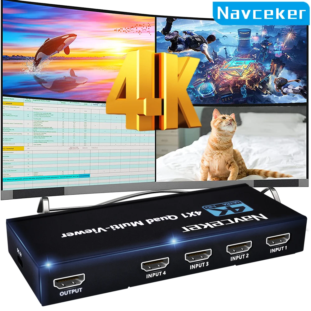Navceker KVM HDMI-compatible Multiviewer 4K 4 In 1 Out 1080P Quad Screen Multi Viewer HDMI Multi-Viewer Seamless Switch with IR