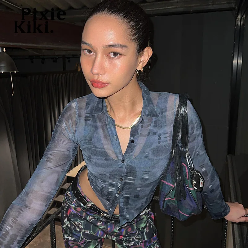 

PixieKiki Abstract Printed Mesh Sheer Crop Tops Full Sleeve Y2k Clothes for Women Sexy Button Up Shirts Streetwear P67-CE10