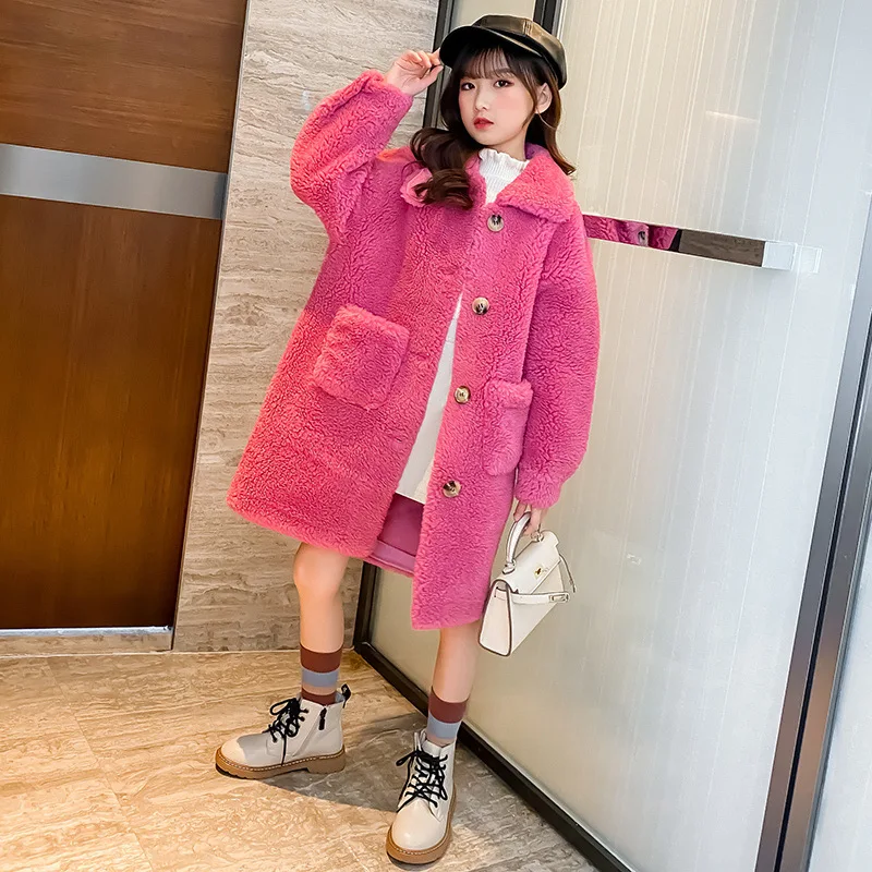 

Teen Girls Cotton Wool Blends Coats Winter Thicken Rose Red Pink 3 Color Mid-Long Fleece Turn Down Collar Jackets for Kids 4-13Y