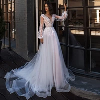 elegant deep v neck wedding dresses beach long sleeves lace appliques tulle floor length pleat bridal gowns vestido de novia
