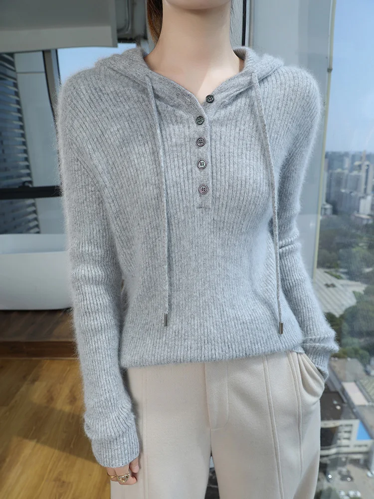 100% чистый норковый кашемировый свитер с капюшоном женский вязаный пуловер