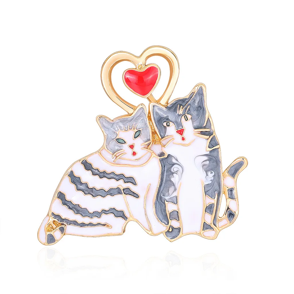 

TULX Lovely Couple Cats Brooches For Women Cartoon Enamel Animal Cat Collar Pins Corsage Badges Jewelry Accessories