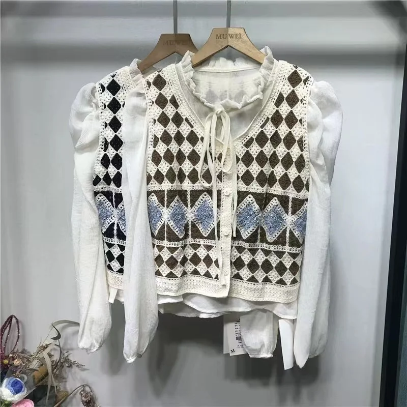 

Vintage hollowed-out thousand-bird check flower sleeveless vest cardigan women's summer design sense of short top