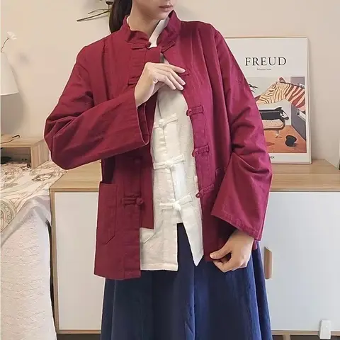 Китайский стиль ретро пуговицы Национальный кардиган Осенняя хлопковая и льняная рубашка пальто Тан костюм рубашка для женщин