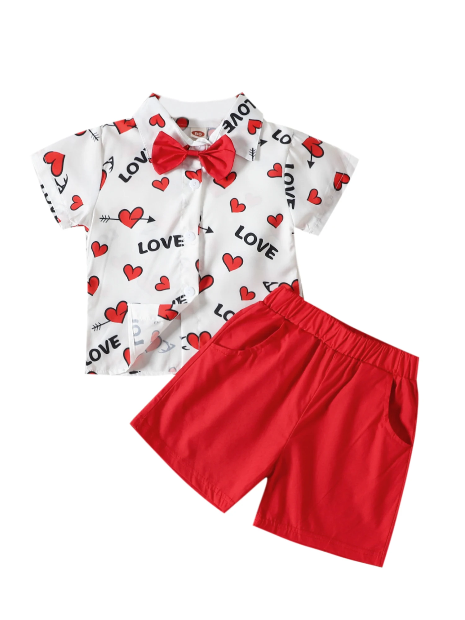 

Костюм для маленьких мальчиков на День святого Валентина, комплект с шортами для младенцев, рубашка с пуговицами и принтом сердечек, топы и шорты, одежда из 2 предметов