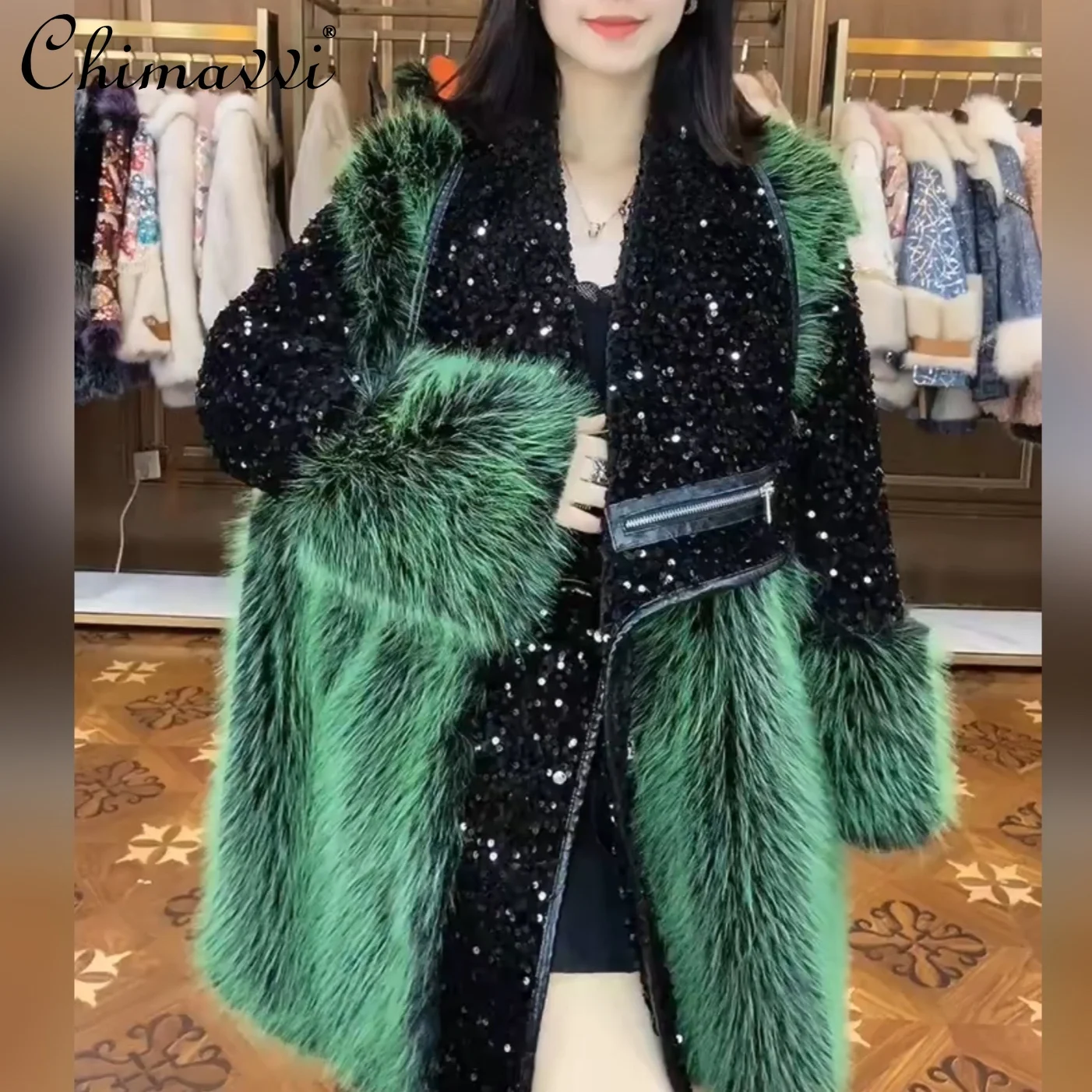 European 2022 Winter New Ladies Fashion High Street Long Sleeve Fur Coat Women Office Lady Embroidery Sequins Casual Toka Jacket