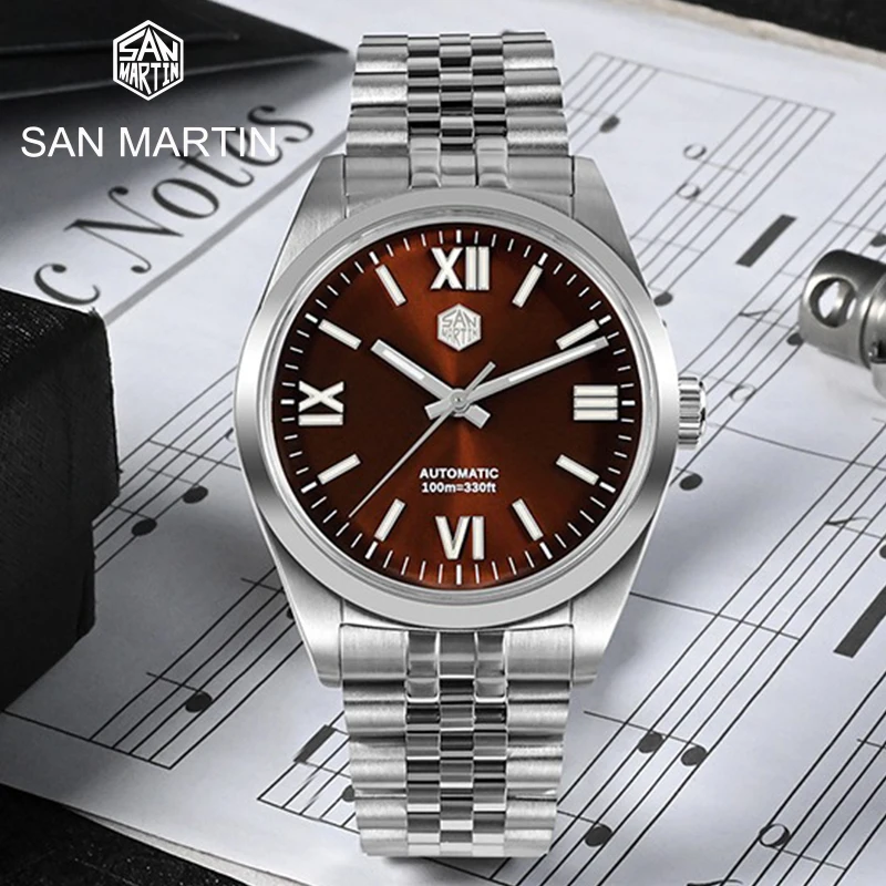 

San Martin Sapphire Luxury Men New 38.5mm Dress Watch YN55 Roman Numeral Sunray Dial Classic Business Automatic Mechanical 10Bar