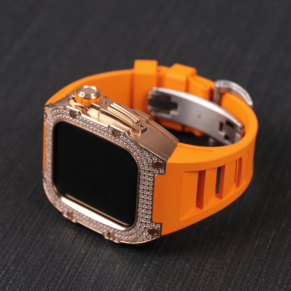 Stainless Steel Case For Apple Watch 8 7 45mm Silicone Strap Luxury Diamond Set Bezel Modification Kit for iWatch 6 5 4 SE 44mm