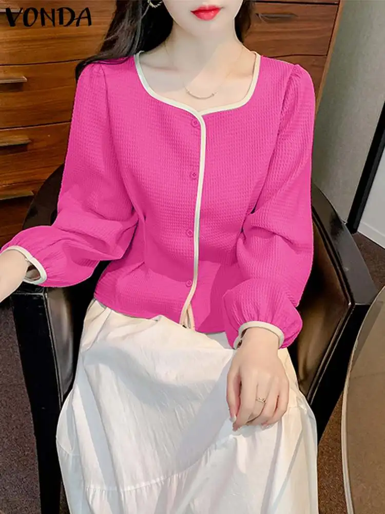 

Модная женская блузка VONDA с квадратным вырезом и длинными рукавами-фонариками, осень 2023, повседневные топы на пуговицах, однотонная Элегантная туника
