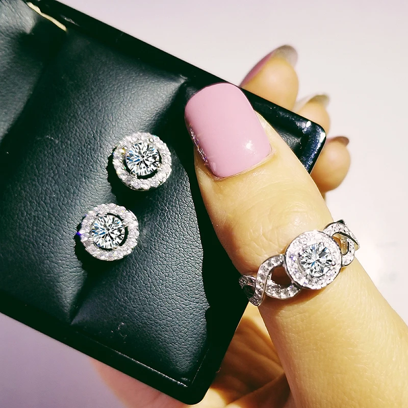 

2pcs Pack silver color bride Jewelry set halo Engagement ring round stud earring for Wedding gift party wholesale J4926