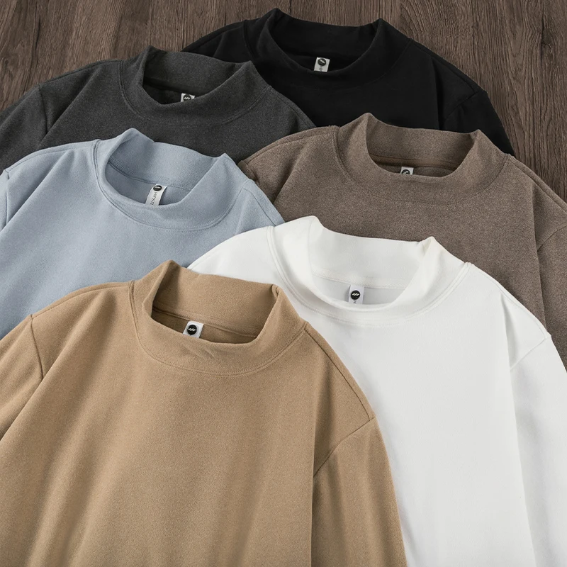 350G Heavy Double-sided Dralon Half-high Collar Bottoming Shirt Autumn and Winter Japan fashion Retro Solid Fleece-lined Warm...
