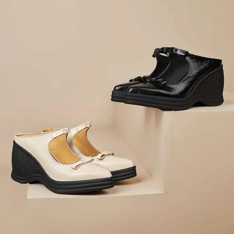 Туфли Lanxuryee женские из натуральной кожи без задника на танкетке с бантом-бабочкой