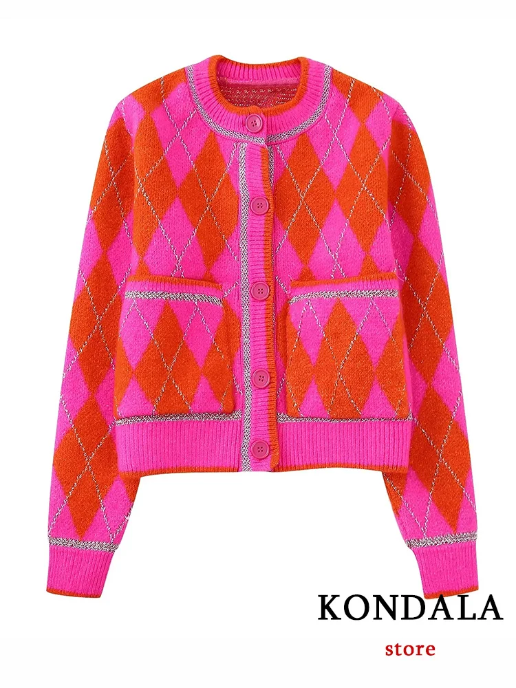 

KONDALA Casual Sweet Chic Women Cardigans Pink Argyle O-Neck Single Breasted Pockets Knitted Sweater Fashion 2022 Spring Jackets