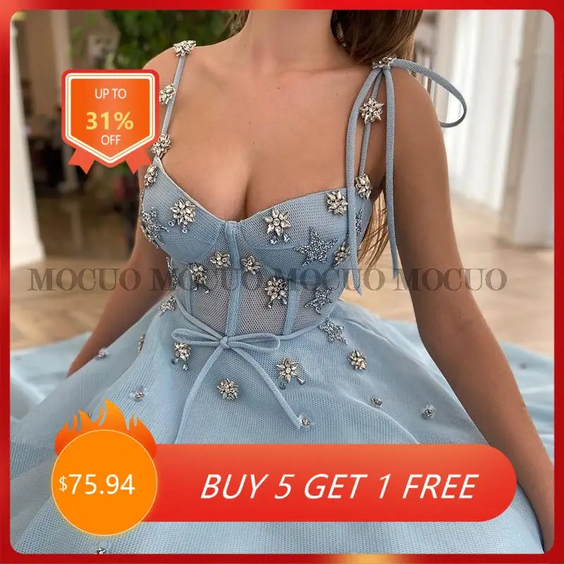 

A-Line Prom Dress Light Blue Sweetheart Spagetti Straps Celebrate Dress Pleated Draped Beading Arab Evening Dress