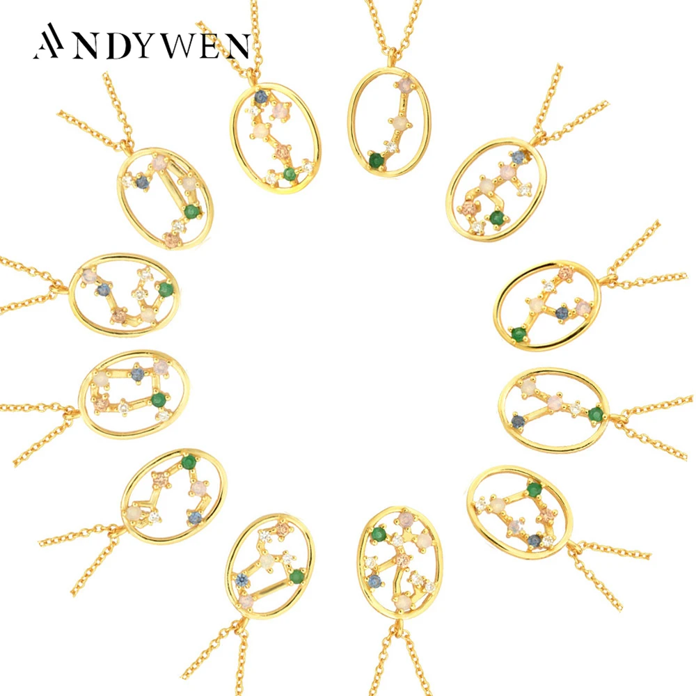 Андивен 100% 925 Серебряный Летний Подвеска Для Цепочки Девушек Радужные CZ Ювелирные Изделия Подарок По Зодиаку Длинная Цепочка Летнее 12 знаков Зодиака Рыбы Дева.