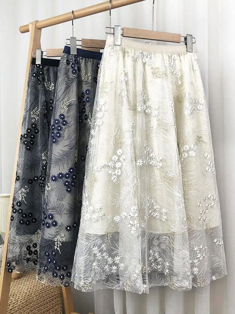 Сетчатые юбки с вышивкой женские вечерние эластичной высокой талией летние миди