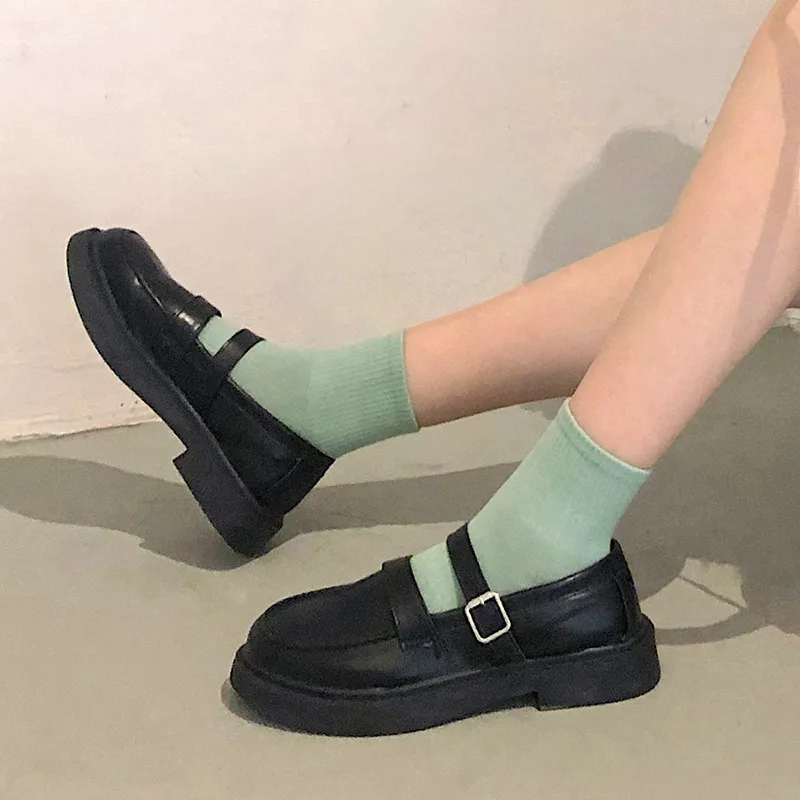 

Platform Oxford Shoes Women Gothic lolita shoes Leather Slip On Loafers Fashion Black Flats Buckle Strap Office Mary Jane Shoes
