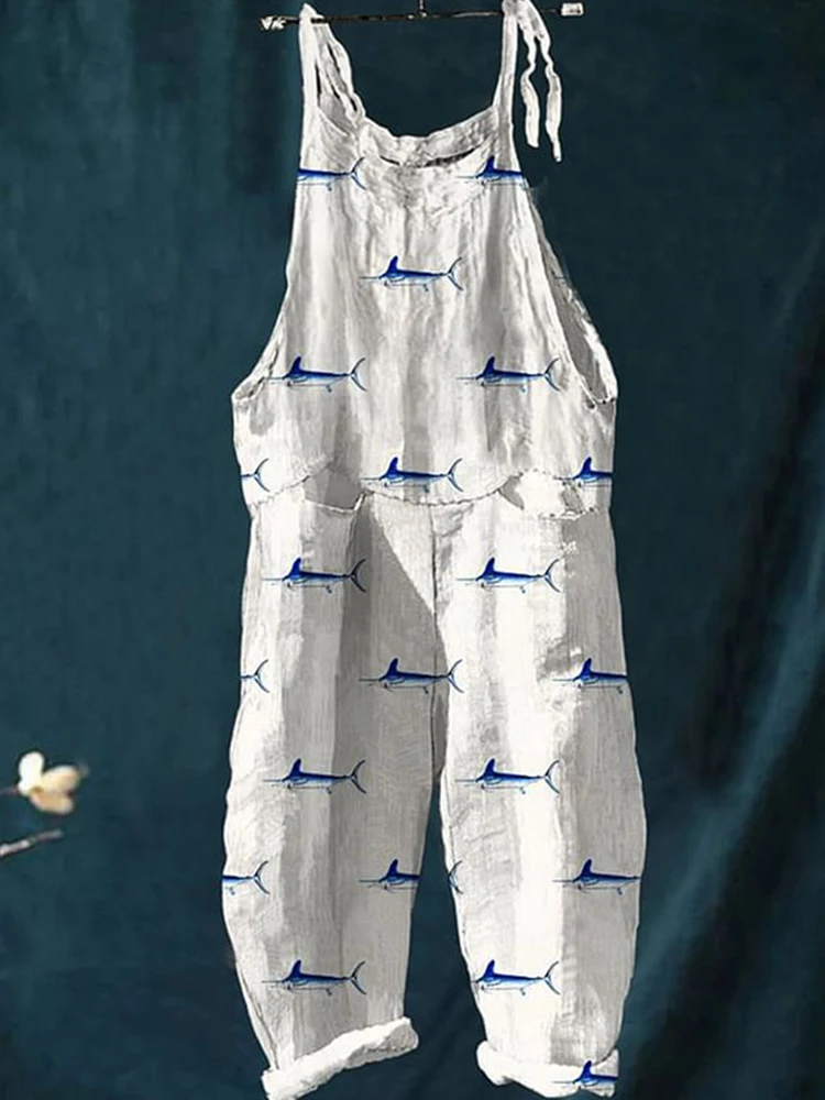 2024 Elegant Fashion Adjustable Strap Casual Women's One-piece Shorts Simple Fresh Fish 3D Printed Pants