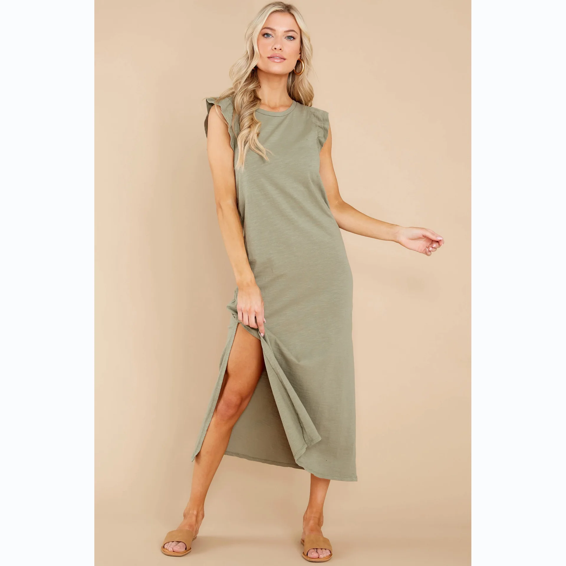 

Casual fashion summer A-line trousers knitted dress with wooden ears seaside holiday trip beach dress
