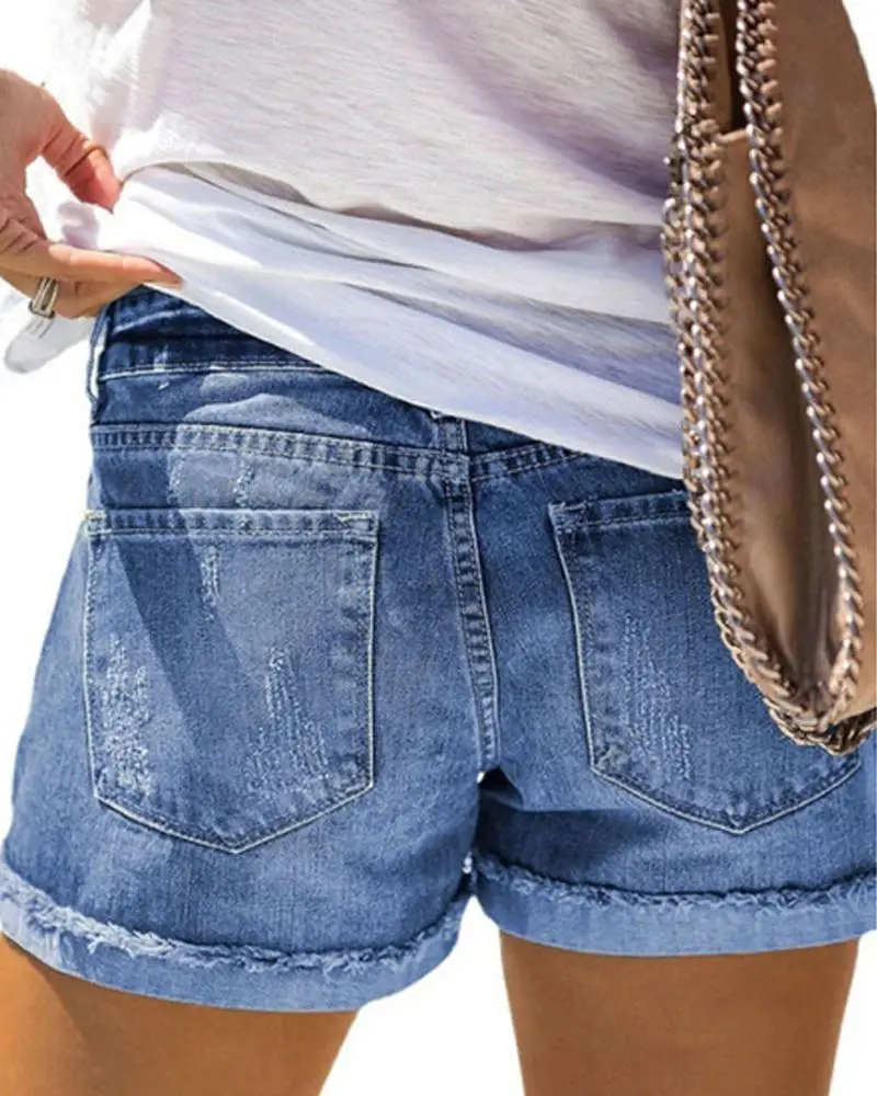 Summer Women Denim Shorts Women High Waist Daisy Print Patchwork Ripped Short Jeans