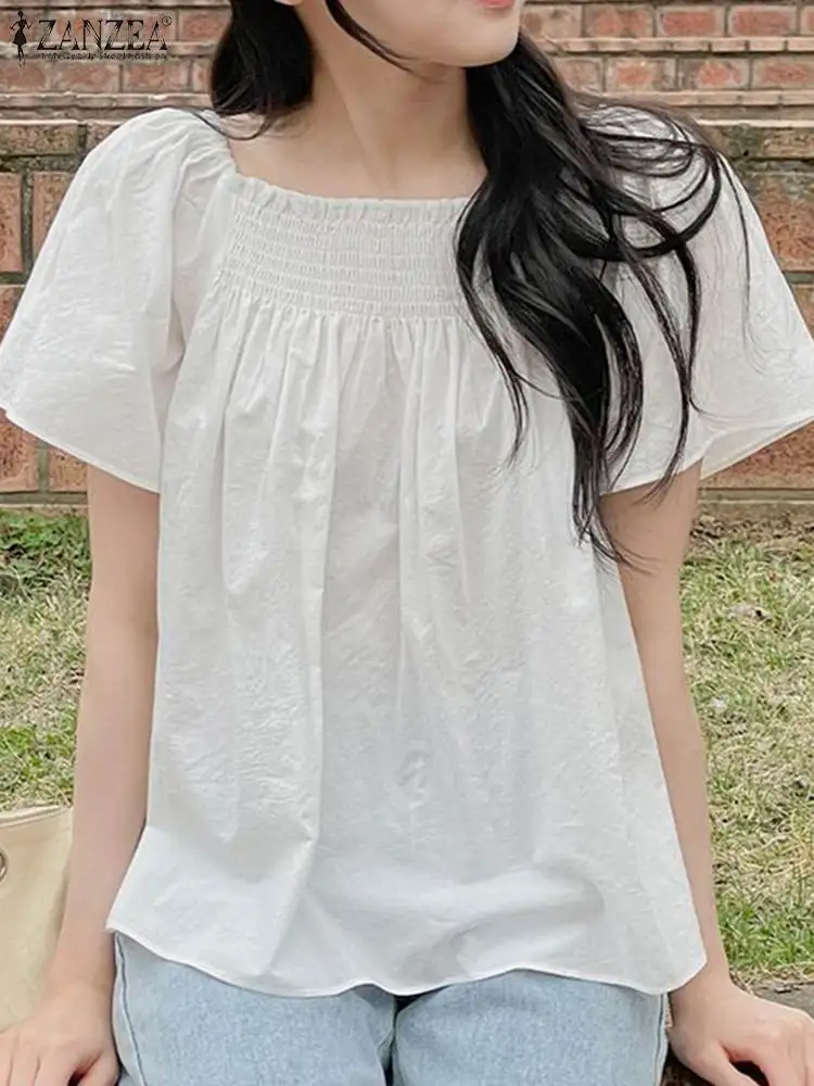 Женские корейские блузки ZANZEA с квадратным вырезом лето 2024 праздничные розовые