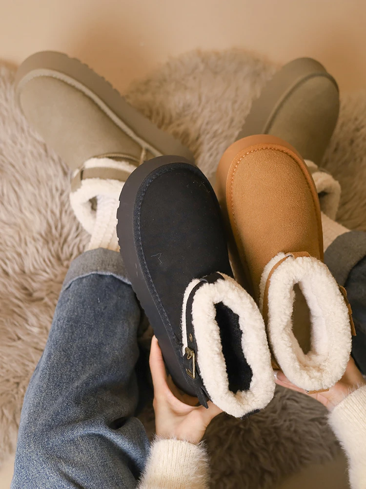

Женские ботинки на плоской подошве с круглым носком, женская обувь на низком каблуке, австралийская зимняя обувь с плюшевой подкладкой, женские кожаные ботильоны средней длины с мехом и резиновой подошвой