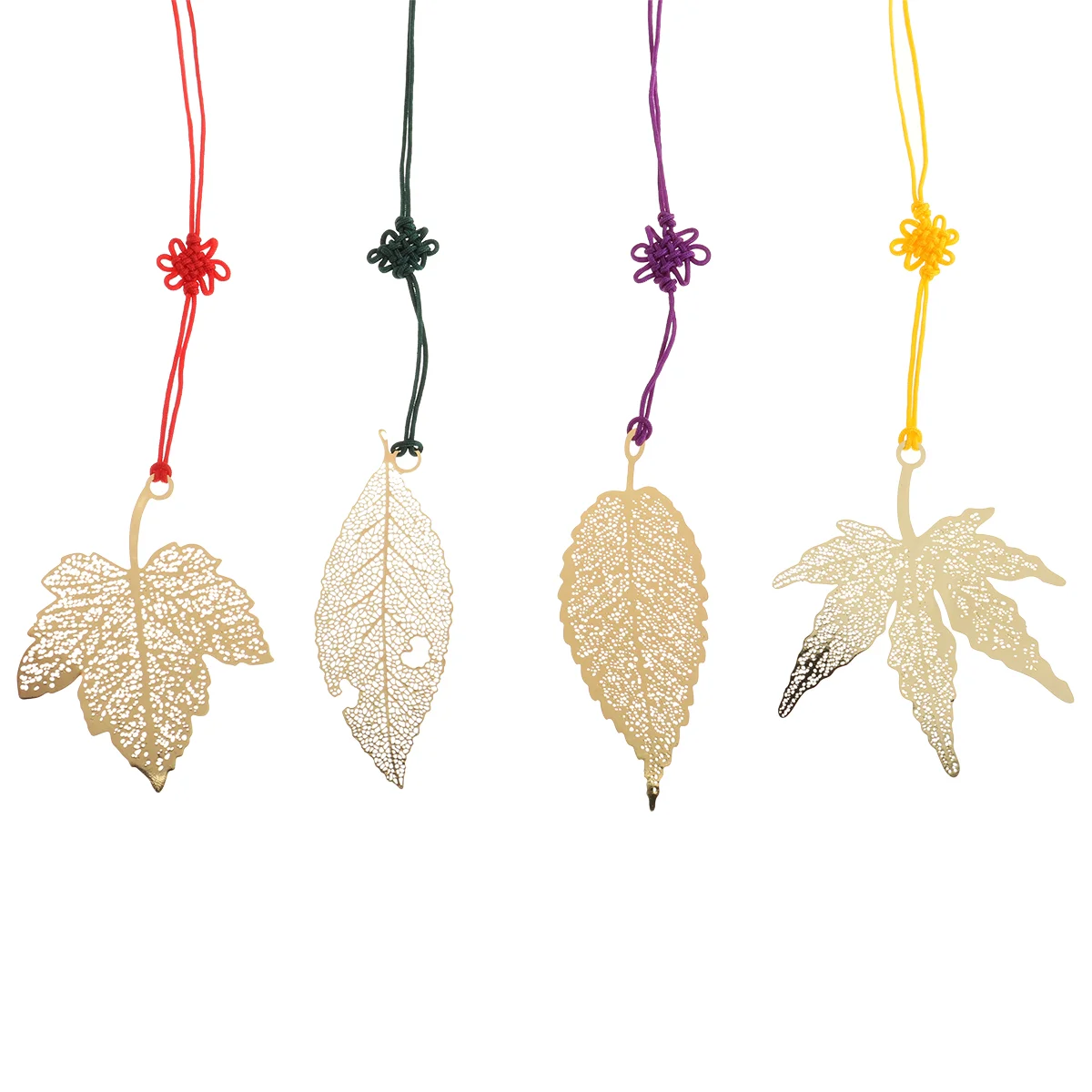 

4 Pcs Golden Metal Leaf Bookmark Vintage Maple Leaves Bookmark with Chinese Knotting Strap (Random Style)