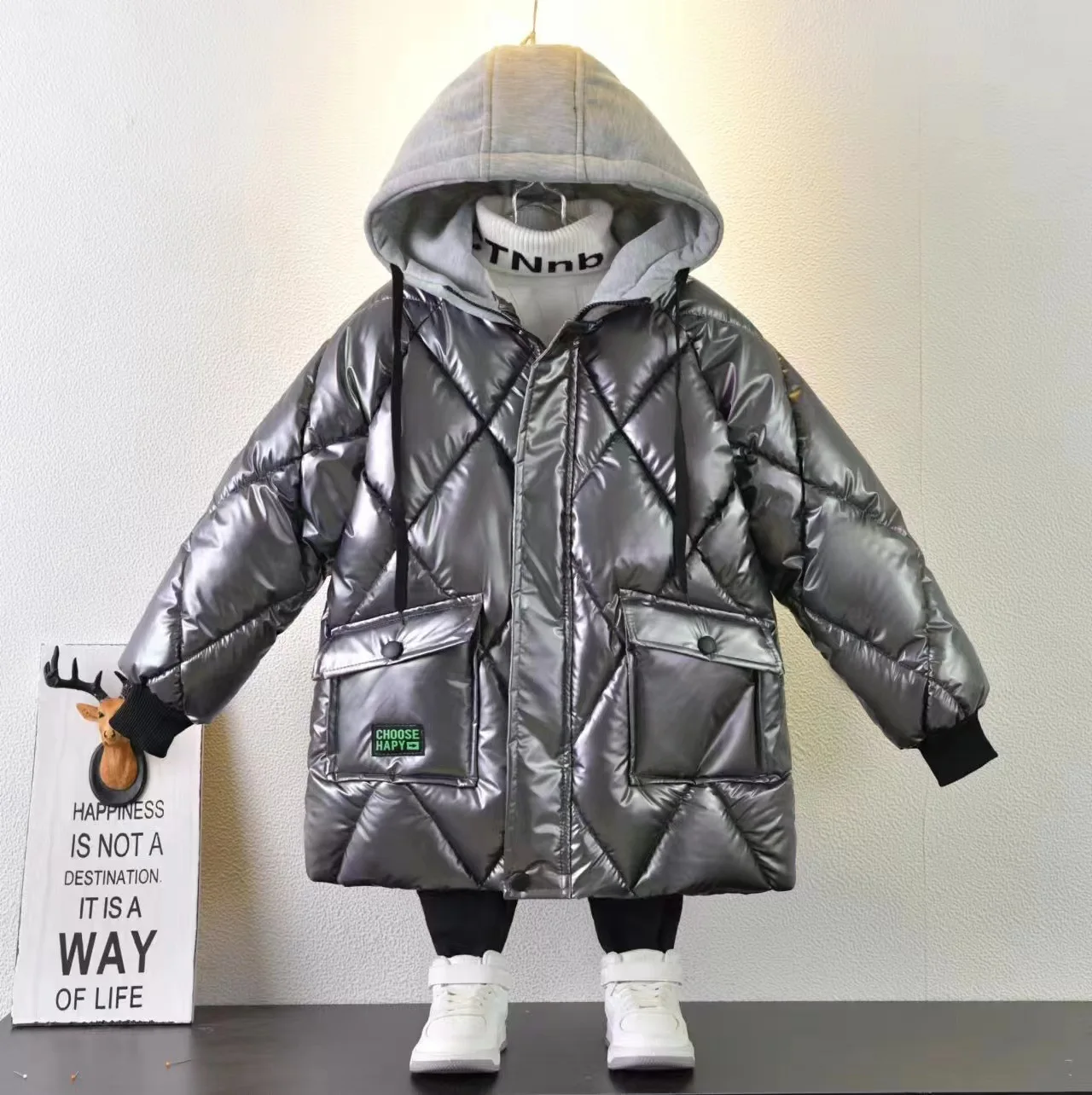 

Boys' Winter Thickened Cotton-padded Jacket Children Mid-length Fashion Thickened Warm Coats Kids Hooded Fashion Outwear