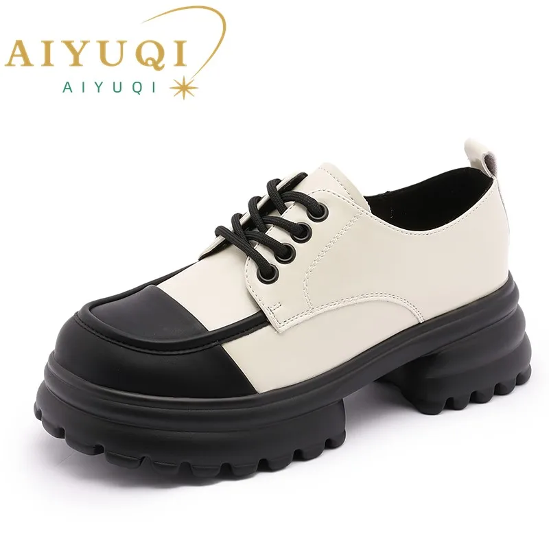 AIYUQI Loafers Women Genuine Leather Mixed Color 2023 New Lace-up Ladies Shoes Casual British Style Student Shoes Women