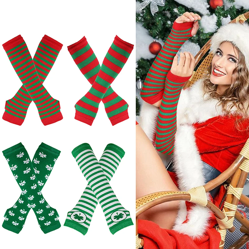 

1Pair Christmas Long Glove Knit Arm Warmer Thumb Hole Stretchy Gloves Women Striped Long Fingerless Gloves Xmas Cosplay Party