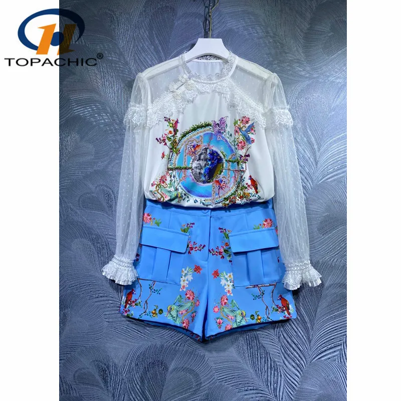 

Женский кружевной комплект, Элегантная блузка с длинным рукавом и принтом из бисера и шорты с двумя карманами, 4,25