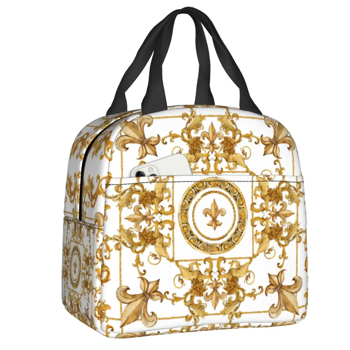 

Luxury Golden Lion Flower Pattern Thermal Insulated Lunch Bags Women Resuable Lunch Container for Work School Travel Food Box