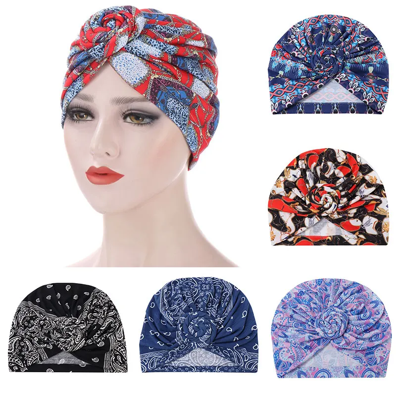 

New Muslim Turban Hat African Twist Knot Flower India Hat Head Cover Bonnet Headscarf Ladies Chemo Cap Bandanas Hair Accessories