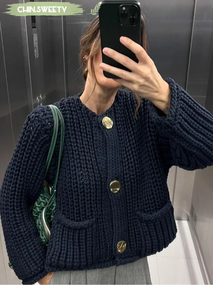 Элегантный однотонный вязаный кардиган с круглым вырезом женская мода