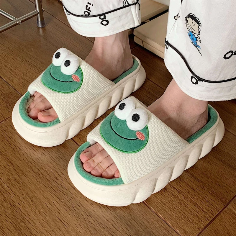 

New Cute Frog Women's Linen Slippers Winter Thick Sole Cotton and Hemp Slippers Four Seasons Universal Soft Sole Cotton Slippers
