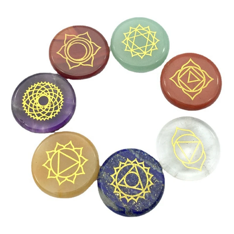 

7Pcs Chakra Natural Stones Beads Clear Quartzs For Jewelry Making Engraved Symbols Polished Stone Reiki Healing Stone
